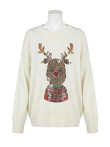 Andree by UNIT Christmas Rudolph Sequin Long Sleeve Sweater in Ivory (view 1)