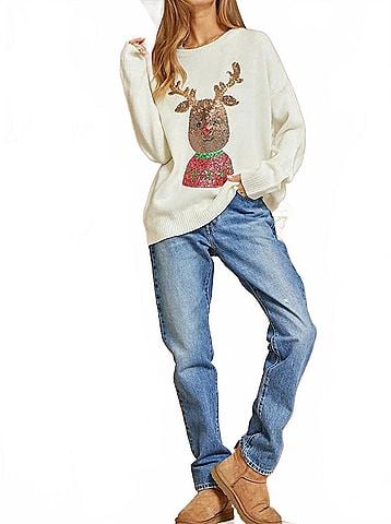 Andree by UNIT Christmas Rudolph Sequin Long Sleeve Sweater in Ivory (view 2)