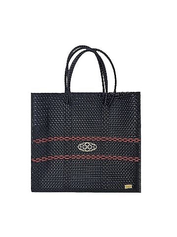 Lolas Collection Women's Medium Woven Line Regular Strap Tote Bag in Black/Burgundy (view 1)