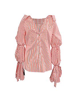 Caroline Constas Caroline Constas Margaret Off-the-Shoulder Striped Poplin Shirt in Red Cotton (view 1)