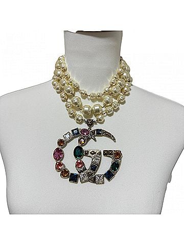 Gucci Gucci GG Logo Necklace, Faux Pearl, Colored Stone, Women's (view 2)