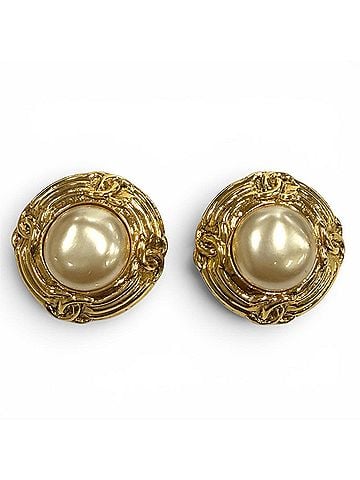Chanel CHANEL Vintage 93A Faux Pearl Coco Mark Earrings, Gold and Ivory, Made in France, Women's, with Box. (view 1)