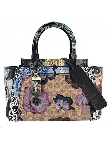 Coach Coach Women's Troop Carryall Cafe Facet Shoulder Bag/Crossbody Bag with Floral Design, Leather, Black, Multicolor, Gold Hardware (view 1)