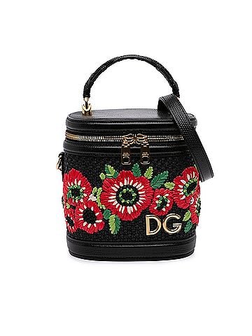 Dolce & Gabbana Floral Embroidered Raffia and Lizard Embossed Calfskin DG Girls Vanity Bag (view 1)