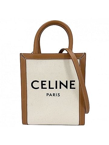 Céline Celine Women's Mini Vertical Cabas Handbag Shoulder Bag CELINE Canvas Leather Ivory Brown Gold Hardware (view 1)