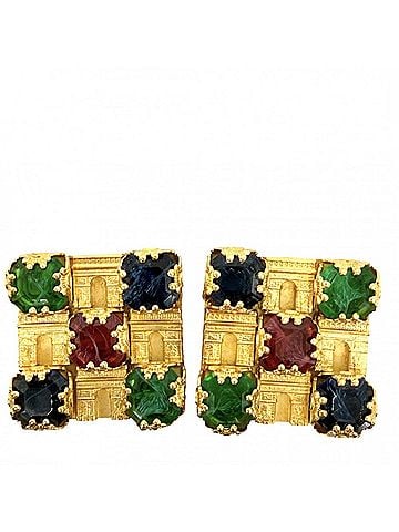 Céline Celine Earrings for Women, Arc de Triomphe Square Design, Vintage Style, Colored Stone, Gold, Approx. 74.9g (view 1)