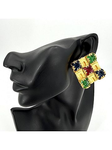 Céline Celine Earrings for Women, Arc de Triomphe Square Design, Vintage Style, Colored Stone, Gold, Approx. 74.9g (view 2)