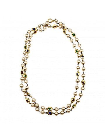 Chanel Chanel Women's Long Necklace, Gripoix, Vintage Accessory, CHANEL GP, Colored Stones, Faux Pearl, Size 2.9, Gold, Multicolor, Approx. 139.6g, 1994 (view 1)