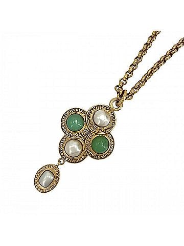 Chanel Chanel Women's Long Necklace Pendant Vintage Accessory CHANEL GP Colored Stone Faux Pearl Size 28 White Green Approx. 122.3g 1993 (view 1)
