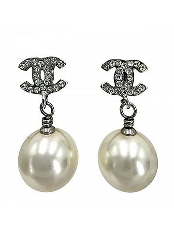 Chanel Chanel Earrings for Women, Coco Mark, Swing Style, CHANEL GP Rhinestone, A13C White Silver, Approx. 6.4g, 2013 (view 1)