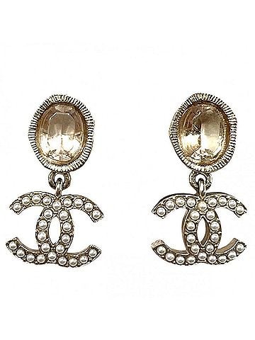 Chanel Chanel Earrings for Women, Coco Mark Design, Swing Earrings, CHANEL GP Faux Pearl, Rhinestone, A21B, Champagne Gold, Approx. 7.9g, 2021 (view 1)