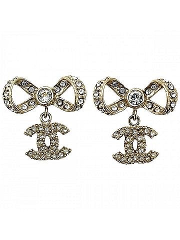 Chanel Chanel Earrings for Women, Ribbon Design, Coco Mark, Swing Earrings, CHANEL GP Rhinestone, B14P Gold, Approx. 5.7g, 2014 (view 1)