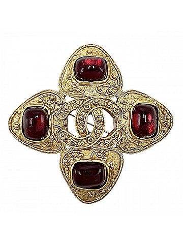 Chanel Chanel Brooch for Women, Gripoix Coco Mark, Vintage Accessory, CHANEL GP, Colored Stone, 94A Gold, Red, Approx. 36.2g, 1994 (view 1)