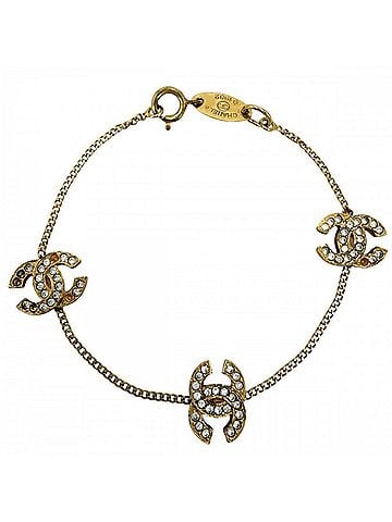 Chanel Chanel Bracelet for Women, Triple Coco Mark, Gold Finish, Rhinestones, Approx. 4.8g, 1982 (view 1)