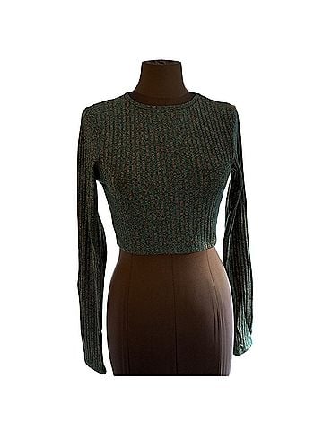 ASOS Green Ribbed Cropped Hoodie Long Sleeve T-Shirt (view 1)