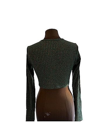 ASOS Green Ribbed Cropped Hoodie Long Sleeve T-Shirt (view 2)