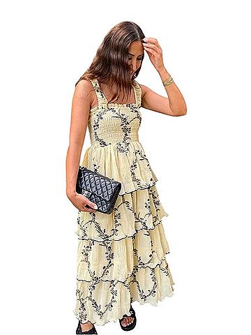 Ganni Pleated Georgette Flounce Smocked Midi Dress Casual Dress (view 1)
