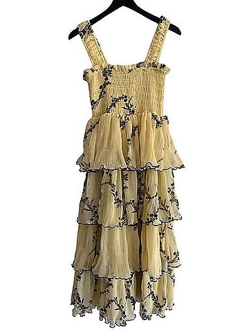 Ganni Pleated Georgette Flounce Smocked Midi Dress Casual Dress (view 2)
