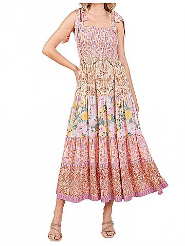 Mittoshop Tube Patchwork Border Print Midi Dress in Pink Combo (view 2)