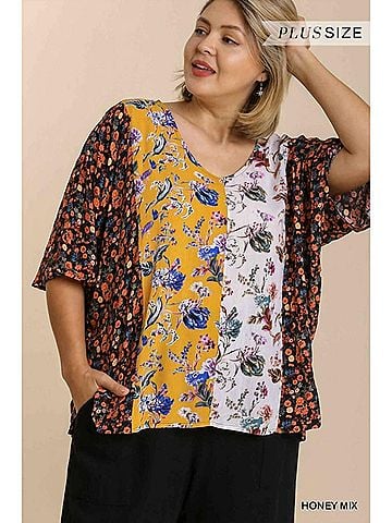 Umgee Mixed Floral Print Top - Plus in Honey (view 2)