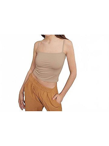 Ambar Minimalist Square Neck Slim Fit Cami Top in Beige (view 2)