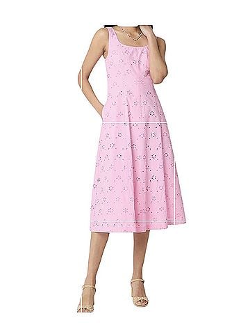 J.Crew Pink Eyelet Square-Neck Midi Dress Casual Dress (view 1)
