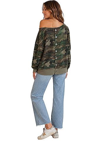 Denim & Supply Ralph Lauren Boyfriend Camo Raw Edge Cowl Neck Sweatshirt Long Sleeve Top (view 2)