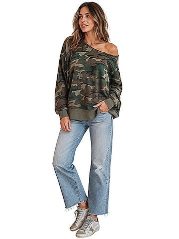 Denim & Supply Ralph Lauren Boyfriend Camo Raw Edge Cowl Neck Sweatshirt Long Sleeve Top (view 1)