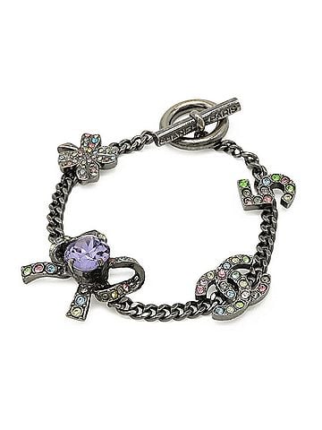 Chanel CHANEL No.5 Ribbon Coco Mark Clover Bracelet, Curved Chain, Metal, Crystal, Gunmetal, Multicolor 05A (view 2)