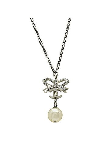 Chanel CHANEL Coco Mark Ribbon Faux Pearl Necklace Pendant with Metal Rhinestones, Silver and Ivory, 05P (view 1)