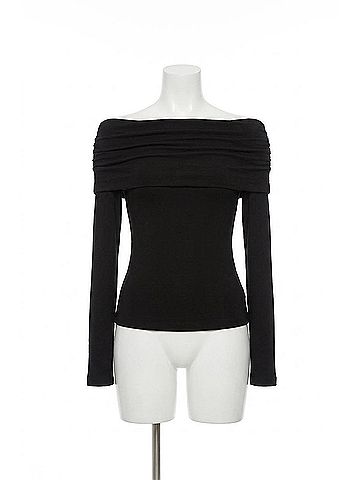 Enza Costa Silk Rib Long Sleeve Off-Shoulder Top in Black (view 1)