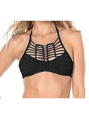 Becca Virtue No Strings Attached Macrame High Neck Bikini Top in Black (view 2)