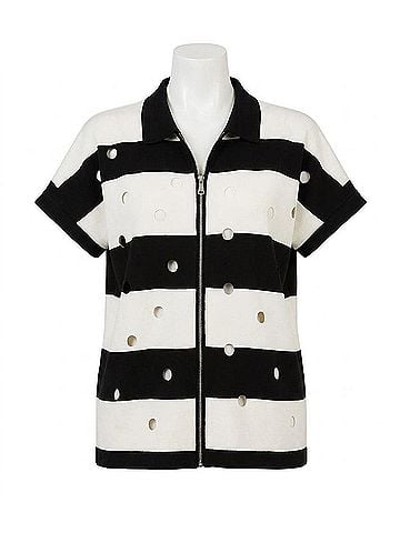 Angel Apparel Stripe &amp; Cut Out Knit Zip Up Top in Black/White (view 1)