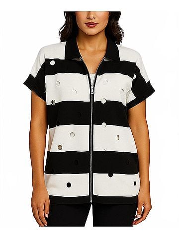 Angel Apparel Stripe &amp; Cut Out Knit Zip Up Top in Black/White (view 2)