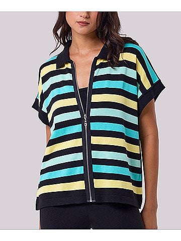 Angel Apparel Stripe Knit Zip-Up Top in Black/Multi (view 2)