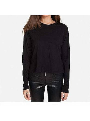 Michael Lauren Banji Cropped Boxy Long Sleeve Tee Top in Black (view 2)