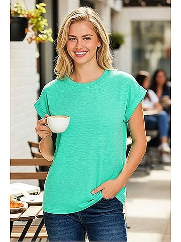 Zenana Cotton Modal Rolled Sleeve Tee in Mint (view 2)