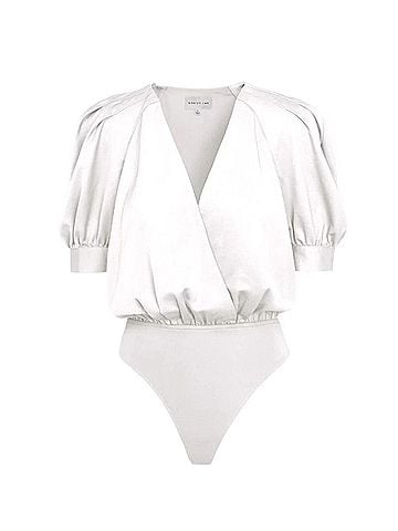 Adelyn Rae Mae Wrap-Effect Sateen Bodysuit in White (view 1)