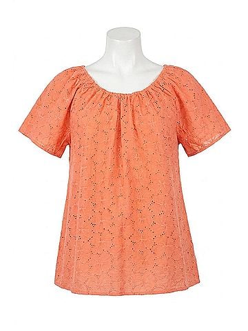 grand & greene Floral Eyelet Elastic Neckline Top in Coral (view 1)
