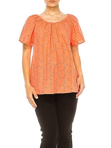 grand & greene Floral Eyelet Elastic Neckline Top in Coral (view 2)