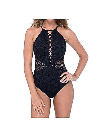 Profile by Gottex Lace Strappy High Neck One Piece Swimsuit in Shalimar Black (view 2)
