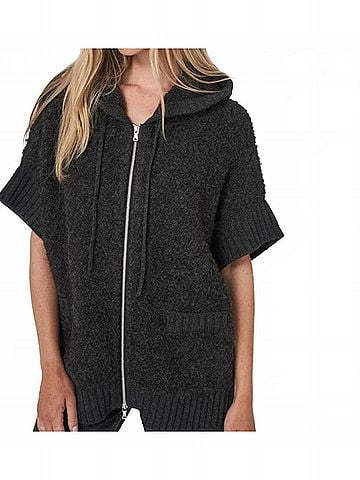 Repeat Cashmere Alpaca Wool Blend Zip Poncho With Hood in Anthra (view 2)