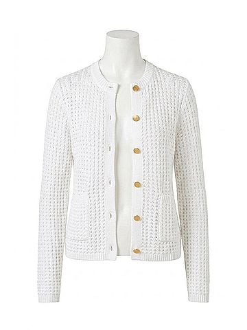 Kinross Cashmere Textured Button Front Cotton Cardigan in White (view 1)