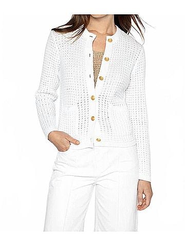 Kinross Cashmere Textured Button Front Cotton Cardigan in White (view 2)