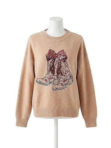 Listicle Boots &amp; Bows Sweater in Beige (view 1)
