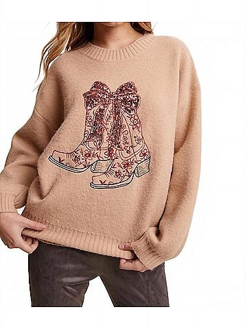 Listicle Boots &amp; Bows Sweater in Beige (view 2)