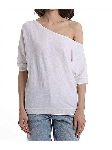 Minnie Rose Cotton Cashmere Short Sleeve Off-The-Shoulder Top in White (view 2)