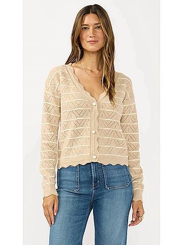 Lovestitch Stripe Pointelle Sweater Cardigan in Beige (view 2)