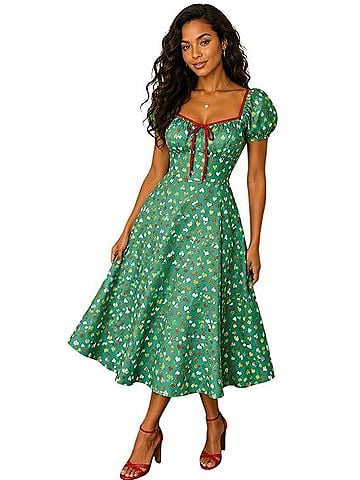 Unique Vintage 1950s Green Heart Print Swing Midi Dress Casual Dress (view 1)