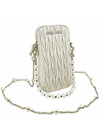 Miu Miu Miu Miu Miu Matelassé Faux Pearl Chain Smartphone Shoulder Bag, Leather, Ivory, Gathered, Women's (view 1)